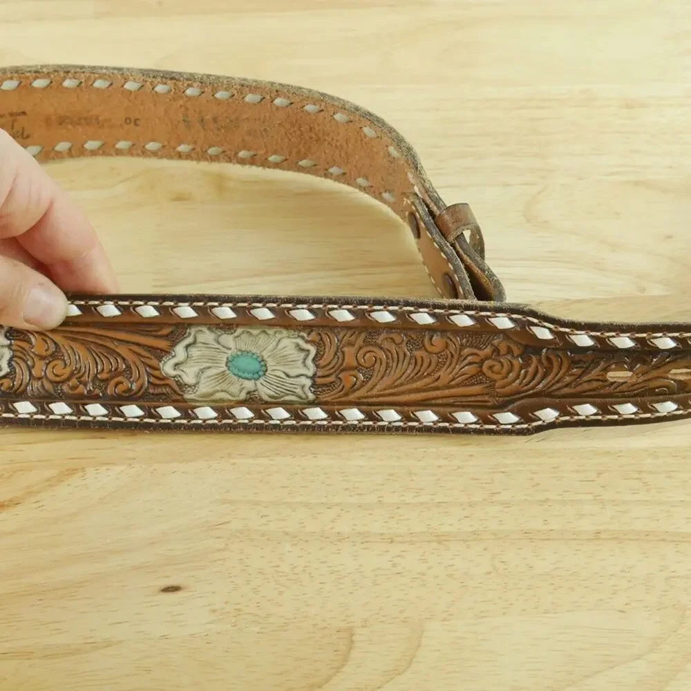 Vintage Tony Lama Western Belt‎ Tooled Leather CRITT Painted Cowboy Size 30 USA